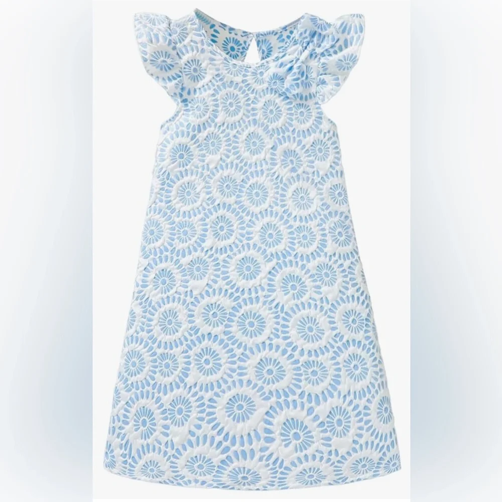 Girls 👧🏻 🆕 Blue Dress with Swirl Pattern and Ruffled Neckline